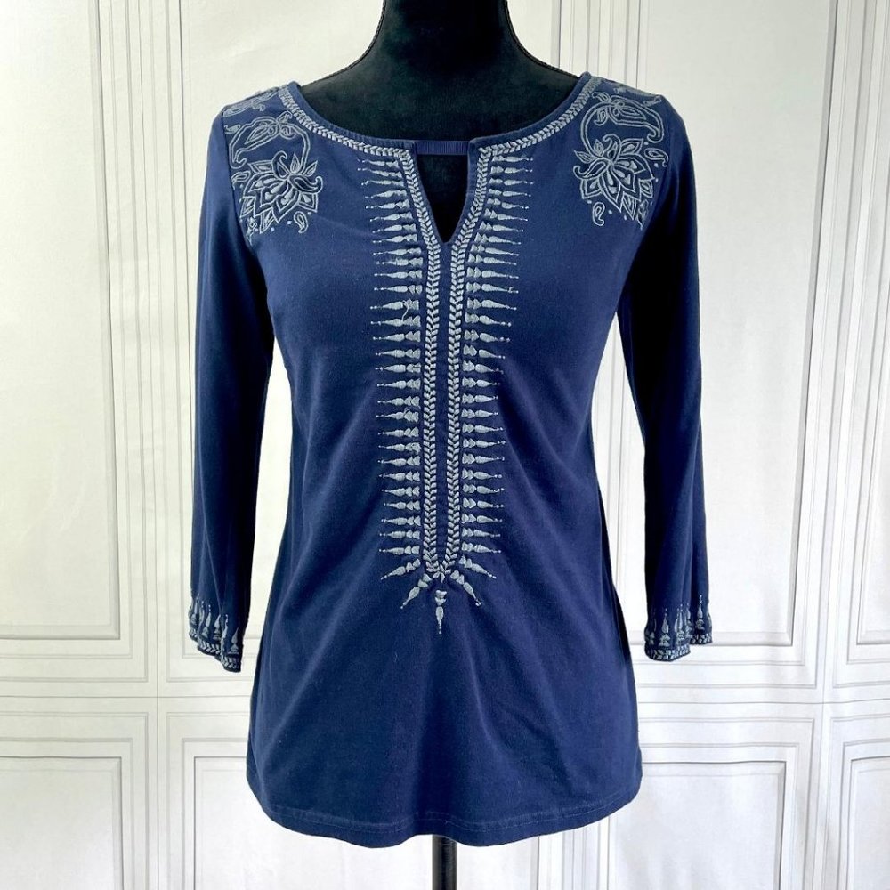 Navy Embroidered Blouse tee Cotton 3/4 sleeve Keyhole Neck Eshakti SMALL 6